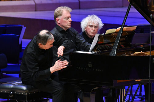 Pianists Pierre-Laurent Aimard, Tim Horton and Simon Rattle © Chris Christodoulou